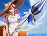  animal_ear_fluff animal_ears bad_id bad_pixiv_id beach_umbrella bikini bikini_under_clothes blue_bikini breasts cleavage day ears_through_headwear fang fate/grand_order fate_(series) fox_ears fox_tail hat large_breasts ocean outdoors pink_hair see-through shirt side-tie_bikini solo straw_hat sugajyun swimsuit tail tamamo_(fate)_(all) tamamo_no_mae_(swimsuit_lancer)_(fate) umbrella wet wet_clothes wet_shirt wet_t-shirt yellow_eyes 