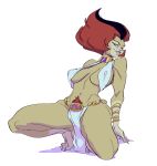  2018 animal_humanoid black_hair bracelet breasts cat_humanoid claws clothed clothing crouching digital_media_(artwork) feline female grin hair humanoid jewelry looking_at_viewer mammal multicolored_hair navel nipple_bulge pubes short_hair simple_background skimpy slb smile solo thundercats thunderian toe_claws two_tone_hair white_background wilykit 