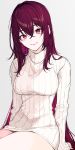  absurdres breasts commentary_request fate/grand_order fate_(series) grey_background hair_intakes highres kayahara large_breasts long_hair long_sleeves looking_at_viewer purple_eyes purple_hair ribbed_sweater scathach_(fate)_(all) scathach_(fate/grand_order) smile sweater turtleneck turtleneck_sweater 