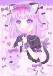  animal animal_ears black_bow black_shirt blush bow candy cat cat_ears cat_girl cat_tail commentary_request covered_mouth dress food hair_bow hair_ornament heart heart_hair_ornament himetsuki_luna holding holding_food holding_lollipop lollipop long_hair original puffy_short_sleeves puffy_sleeves purple_bow purple_eyes purple_hair shirt short_sleeves solo sparkle striped striped_background tail tail_bow tail_raised twitter_username two_side_up vertical-striped_background vertical_stripes white_dress wrist_cuffs 
