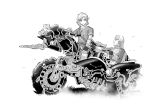  1girl braid commentary_request fingerless_gloves gloves grass greyscale ground_vehicle leaf leaves_in_wind link long_hair looking_at_another monochrome motor_vehicle motorcycle ouya_(maboroshimori) pointing pointy_ears ponytail princess_zelda scabbard sheath sheikah_slate short_ponytail sidecar simple_background sitting smile sword the_legend_of_zelda the_legend_of_zelda:_breath_of_the_wild very_long_hair weapon wheel 