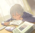  anastasia_(idolmaster) backlighting book cable cellphone closed_eyes commentary earbuds earphones enden eyebrows_visible_through_hair idolmaster idolmaster_cinderella_girls long_sleeves pen pencil_case phone russian short_hair silver_hair sleeping smartphone solo sunlight upper_body window 