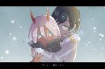  1girl black_cloak black_hair check_translation child cloak closed_eyes coat commentary_request conchitwa couple crying crying_with_eyes_open darling_in_the_franxx fur_coat fur_trim green_eyes grey_coat hand_on_another's_arm hetero hiro_(darling_in_the_franxx) hood hooded_cloak horns hug hug_from_behind letterboxed long_coat long_hair oni_horns parka pink_hair red_horns red_pupils red_sclera red_skin snow snowing tears translation_request winter_clothes winter_coat zero_two_(darling_in_the_franxx) 