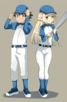  1girl baseball_bat baseball_cap baseball_uniform black_hair blonde_hair brown_eyes commentary_request green_eyes hat kuriyama lillie_(pokemon) poke_ball pokemon pokemon_(anime) pokemon_sm_(anime) satoshi_(pokemon) sportswear 