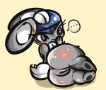  anus armor blush butt cute eyelashes female hand_on_mouth helmet lagomorph long_ears lying mammal plump_labia puffy_anus puffy_tail pussy rabbit shocked short_stack simple_background solo sweat tasteydonuts text_box thick_thighs 