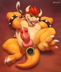  2018 3_toes anal anal_penetration animal_genitalia animal_penis anthro big_penis bowser bracelet butt claws cum cum_while_penetrated cumshot ejaculation erection hair hands-free hands_behind_head horn jewelry knot koopa lying male mario_bros nawka nintendo nude on_back open_mouth orgasm penetration penis red_hair reptile scales scalie sex_toy sharp_teeth signature simple_background solo spiked_armband spikes teeth toe_claws toes tongue tongue_out video_games 