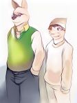  2017 age_difference anthro biped black_nose brown_hair canine clothed clothing duo eyewear fully_clothed funnybox fur glasses grey_eyes hair half-closed_eyes hands_in_pockets hat larger_male looking_at_another male mammal mustelid necktie older_male otter pants red_eyes shirt simple_background size_difference smaller_male smile standing student sweater_vest teacher teacher_and_student whiskers white_background white_fur wolf young younger_male 