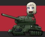  big_head blue_eyes caterpillar_tracks chibi clara_(girls_und_panzer) commentary_request disconnected_mouth emblem full_body girls_und_panzer ground_vehicle long_hair military military_vehicle motor_vehicle pravda_(emblem) pravda_military_uniform smile solo t-34 tank tozimete_yauyu 