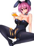  animal_ears bottle bow bowtie bunny_ears bunny_girl bunnysuit commentary_request fake_animal_ears food_on_body high_heels honey original rethnick simple_background smile solo white_background 