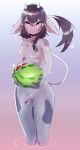  2018 anthro black_hair bovine breasts cattle coffeechicken female food fruit gradient_background hair hairclip horn mammal melon nipples nude partially_submerged purple_eyes pussy simple_background small_breasts small_moo solo standing watermelon wet wide_hips 