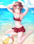  arms_up ball barefoot beach beachball bikini bikini_skirt blue_sky blurry blurry_background blush breasts brown_eyes brown_hair cleavage cloud collarbone day floral_print front-tie_bikini front-tie_top highres idolmaster idolmaster_cinderella_girls lens_flare long_hair looking_at_viewer miniskirt mizumoto_yukari ocean outdoors print_bikini red_bikini shiny shiny_hair sidelocks sitting skirt sky small_breasts smile swimsuit toufuu tying_hair wrist_cuffs 