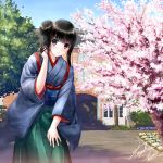  bangs black_eyes black_hair blue_hakama blue_sky blunt_bangs blush day green_hakama hair_bun hakama hand_on_leg japanese_clothes kazuharu_kina leaning_forward looking_at_viewer obi original outdoors sash shiny shiny_hair side_bun sidelocks signature sky smile solo tree 