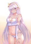  3: anastasia_(fate/grand_order) arm_under_breasts bikini black_fire_(peter02713) blue_eyes blush breast_hold breasts bridal_gauntlets cleavage commentary_request cowboy_shot elbow_gloves fate/grand_order fate_(series) fingerless_gloves front-tie_bikini front-tie_top gloves gradient gradient_background hair_over_one_eye hairband long_hair medium_breasts navel side-tie_bikini silver_hair simple_background solo swimsuit very_long_hair white_bikini white_gloves white_hair 