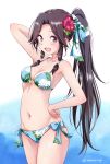  :d alternate_costume alternate_hairstyle armpits bangs bikini blush bow breasts brown_eyes brown_hair cleavage commentary_request floral_print flower groin hair_bow hair_flower hair_intakes hair_ornament hair_ribbon hand_behind_head hand_on_hip hibiscus highres jintsuu_(kantai_collection) kantai_collection long_hair looking_at_viewer medium_breasts moupii_(hitsuji_no_ki) navel open_mouth ponytail remodel_(kantai_collection) ribbon side-tie_bikini signature skindentation smile solo stomach swimsuit thighs tress_ribbon 