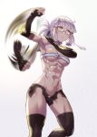  =3 abs afterimage arm_up armpits bandeau bangs bare_shoulders black_legwear black_shorts breasts clenched_hand closed_mouth commentary_request elbow_gloves eyebrows_visible_through_hair fate/grand_order fate_(series) fingerless_gloves from_below gloves gradient gradient_background grey_background hair_ornament hand_on_own_shoulder looking_away medium_breasts motion_blur muscle muscular_female navel pale_skin penthesilea_(fate/grand_order) revealing_clothes semi-rimless_eyewear short_hair short_shorts shorts sidelocks silver_hair solo spinning standing thighhighs tomoyohi under-rim_eyewear white_background white_bandeau yellow_eyes 