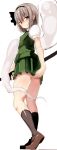  ass black_hairband black_legwear blue_eyes blush brown_footwear collared_shirt commentary covering covering_ass eyebrows eyebrows_visible_through_hair frown green_skirt green_vest hair_between_eyes hair_ribbon hairband highres hitodama holding holding_sword holding_weapon kneehighs konpaku_youmu konpaku_youmu_(ghost) loafers looking_at_viewer puffy_short_sleeves puffy_sleeves ribbon sheath sheathed shirt shoes short_hair short_sleeves silver_hair simple_background skirt suzunooto_shirasu sword touhou vest weapon white_background white_shirt 