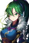  closed_mouth commentary_request earrings fire_emblem fire_emblem:_rekka_no_ken fire_emblem_heroes fur_collar green_eyes green_hair highres jewelry long_hair lyndis_(fire_emblem) ponytail ribbon ringozaka_mariko shoulder_armor simple_background solo white_background 