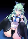  ass_visible_through_thighs black_background black_blouse black_legwear black_panties black_ribbon black_serafuku blouse blue_background blue_neckwear blue_ribbon breasts choker detached_sleeves green_hair hair_between_eyes hair_flaps hair_ornament hair_ribbon hairclip kakeyu kantai_collection long_hair medium_breasts neckerchief no_pants open_mouth panties ponytail ribbon school_uniform serafuku sitting solo tears thighhighs two-tone_background underwear yamakaze_(kantai_collection) 