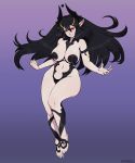  5_fingers afrobull big_breasts black_hair breasts clothed clothing demon feet female fist hair horn humanoid long_hair looking_at_viewer navel not_furry pointy_ears red_eyes skimpy smile solo wide_hips 