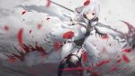  blood bloody_clothes blue_eyes cape commentary dress elbow_gloves flower garter_straps gloves hair_flower hair_ornament high_collar highres motion_blur petals rose scal2let scythe see-through serious silver_trim sinoalice snow_white_(sinoalice) solo thighhighs torn_cape torn_clothes torn_dress weapon white_hair 