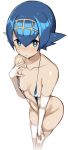  1girl absurdres ass bare_shoulders blue_eyes blue_hair blue_swimsuit blush breasts collarbone creatures_(company) elbow_gloves eyebrows_visible_through_hair fingerless_gloves game_freak gloves greatmosu hair_between_eyes highres looking_at_viewer navel nintendo open_mouth pokemon pokemon_(game) pokemon_sm shiny shiny_skin short_hair simple_background slingshot_swimsuit small_breasts solo spiked_hair suiren_(pokemon) sweatdrop swimsuit thighhighs white_background white_gloves white_legwear 