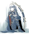  alternate_costume armor blue_eyes blue_hair boots bow_(weapon) cape fingerless_gloves fire_emblem fire_emblem:_kakusei fire_emblem_heroes gloves long_hair lucina robaco simple_background solo tiara weapon 