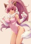 :d animal_ears armlet breasts claws cleavage fur_trim gloves high_ponytail leotard long_hair looking_at_viewer medium_breasts mzkk_1826 open_mouth paw_gloves paws perisie_(star_ocean) pink_background pink_eyes pink_leotard simple_background smile solo standing star_ocean star_ocean_first_departure tail very_long_hair whisker_markings 