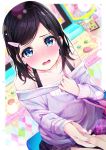  bag bare_shoulders black_hair blue_eyes blurry blurry_background blush collarbone commentary embarrassed hair_ornament hairclip highres holding_hands lens_flare long_sleeves looking_at_viewer off-shoulder_sweater open_mouth original ribbed_sweater rouka_(akatyann) short_hair solo sweater thighhighs 