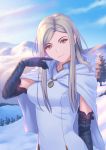  1girl blonde_hair blue_cloak blue_dress blue_gloves blue_sky closed_mouth dress elbow_gloves fateline_alpha gloves highres long_hair looking_at_viewer mountainous_horizon octopath_traveler ophilia_(octopath_traveler) scenery sky smile snow tree yellow_eyes 