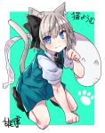  animal_ear_fluff animal_ears aqua_background bangs black_bow black_legwear blue_eyes border bow cat_ears cat_girl cat_tail closed_mouth commentary_request eyebrows_visible_through_hair full_body green_skirt green_vest hair_between_eyes hair_bow hand_up highres hitodama kemonomimi_mode kneehighs kneeling kneesocks_senritsu konpaku_youmu konpaku_youmu_(ghost) long_hair looking_at_viewer miniskirt no_shoes outside_border paw_pose paw_print puffy_short_sleeves puffy_sleeves purple_pupils shirt short_hair short_sleeves signature silver_hair simple_background skirt smile solo tail thighs touhou translated vest whisker_markings white_border white_shirt 