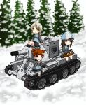  aki_(girls_und_panzer) black_eyes black_hair bt-42 caterpillar_tracks chibi commentary_request emblem girls_und_panzer green_eyes ground_vehicle hat highres instrument kantele keizoku_(emblem) keizoku_military_uniform light_brown_hair long_hair mika_(girls_und_panzer) mikko_(girls_und_panzer) military military_vehicle motor_vehicle multiple_girls red_eyes short_hair smile snow suomio tank tree twintails 