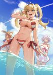  :d :o ahoge animal_ear_fluff animal_ears ball beachball bead_bracelet beads bikini blonde_hair blue_bikini blue_sky bracelet breasts cleavage cloud commentary_request day dress ears_through_headwear eyebrows_visible_through_hair fate/grand_order fate_(series) fox_ears glasses green_eyes hair_over_one_eye hat highres holding holding_ball jewelry large_breasts long_hair mash_kyrielight multiple_girls navel nero_claudius_(fate)_(all) nero_claudius_(swimsuit_caster)_(fate) open_mouth pink_hair purple_eyes red_hair short_hair side-tie_bikini sky smile standing straw_hat striped striped_bikini swimsuit tamamo_(fate)_(all) tamamo_no_mae_(swimsuit_lancer)_(fate) twintails usuke_(u_skeeep) wading water wet white_dress yellow_eyes 