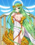 absurdly_long_hair blue_sky breasts commentary dress forehead_jewel goddess green_eyes hair_ornament highres jewelry kid_icarus long_hair looking_at_viewer medium_breasts nipples obakeart one_breast_out palutena sky smile solo super_smash_bros. vambraces very_long_hair white_dress 