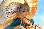  absurdres animal_ear_fluff animal_ears bad_id bad_pixiv_id bangs blue_sky blunt_bangs day flower fox_ears hair_flower hair_ornament hair_stick highres izumi_(sdorica_-sunset-) katrina_chiu long_hair looking_at_viewer outdoors over_shoulder parasol red_eyes sdorica_-sunset- sky solo thick_eyebrows umbrella upper_body whisker_markings 