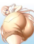  1girl ass blush cameltoe from_below girly_air_force gripen_(girly_air_force) huge_ass lapiness long_hair looking_at_viewer looking_down pink_hair purple_eyes shiny shiny_clothes shiny_hair shorts solo very_long_hair 