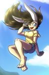  2018 5_fingers anthro blue_eyes breasts brown_hair buckteeth clothed clothing dark_hair digital_media_(artwork) female fur hair jumping ketirz lagomorph long_hair looking_at_viewer mammal open_mouth rabbit simple_background smile solo teeth 