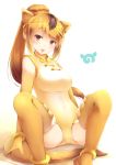  absurdres animal_ears anklet blonde_hair bracelet brown_eyes circlet covered_navel crotch_seam dog_tail gloves golden_snub-nosed_monkey_(kemono_friends) highleg highleg_leotard highres japari_symbol jewelry kanzakietc kemono_friends leotard looking_at_viewer monkey_ears monkey_tail multicolored_hair ponytail simple_background sitting solo spread_legs tail thighhighs two-tone_hair white_background yellow_gloves yellow_legwear yellow_leotard 
