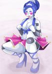  alice-yagami_(artist) animatronic ballora_(fnafsl) big_breasts blue_hair blush breasts cleavage clothed clothing condom condom_in_mouth crouching female five_nights_at_freddy&#039;s footwear hair high_heels humanoid looking_at_viewer machine not_furry one_eye_closed presenting robot seductive shoes simple_background sister_location skirt solo video_games white_skin wink 