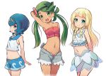  3girls :d bangs bare_arms bare_shoulders blonde_hair blue_eyes blue_hair blue_shorts blush braid breasts closed_mouth collarbone collared_shirt creatures_(company) crop_top eyebrows_visible_through_hair flower game_freak green_eyes green_hair grey_shorts hair_flower hair_ornament lillie_(pokemon) long_hair low_twintails mao_(pokemon) midriff multiple_girls navel nekono_rin nintendo open_clothes open_fly open_mouth open_shorts pokemon pokemon_(game) pokemon_sm red_flower round_teeth see-through shirt short_shorts shorts simple_background skirt sleeveless sleeveless_shirt small_breasts smile suiren_(pokemon) swept_bangs teeth twin_braids twintails upper_teeth very_long_hair white_background white_shirt white_skirt 