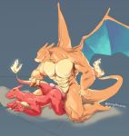  abs all_fours anthro balls bed charizard charmeleon doggystyle drooling duo erection eyes_closed fire from_behind_position hot_dogging humanoid_penis larger_male male male/male muscular nintendo nipples penis pok&eacute;mon pok&eacute;mon_(species) raised_tail saliva sex shinypokerus size_difference smaller_male tail_grab video_games 