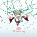  2017 :d black_legwear black_skirt detached_sleeves eyebrows_visible_through_hair floating_hair full_body geduan green_eyes green_hair green_neckwear hair_between_eyes hatsune_miku highres long_hair looking_at_viewer miniskirt necktie open_mouth pleated_skirt shiny shiny_hair shirt skirt sleeveless sleeveless_shirt smile solo thighhighs very_long_hair vocaloid white_background white_shirt zettai_ryouiki 