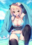  ahoge arm_guards arm_up armpits ayuma_sayu bikini black_bow black_legwear blonde_hair blush bow breasts cleavage cloud collarbone day fate/grand_order fate_(series) hair_bow haori japanese_clothes large_breasts legs_folded looking_at_viewer obi ocean okita_souji_(fate) okita_souji_(fate)_(all) open_mouth sash short_hair sitting sky solo swimsuit thighhighs wet yellow_eyes 