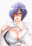  +_+ 1girl adahcm blue_hair bra breasts cleavage collared_shirt dress_shirt finger_to_mouth hair_over_one_eye highres index_finger_raised large_breasts long_sleeves looking_at_viewer open_clothes open_mouth open_shirt pointy_ears purple_eyes shirt short_hair shushing solo underwear upper_body white_bra white_hair white_shirt yumesaki_harumu yuragisou_no_yuuna-san 