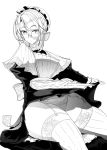  :o apron ass breasts foreshortening frilled_panties frills glasses greyscale large_breasts looking_at_viewer maid maid_cap maid_headdress monochrome natsupoi original panties puffy_sleeves sitting skindentation solo thighhighs underwear 