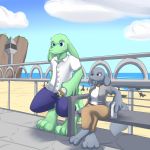  2013 beach belt bench cliffs clothed clothing cloud digital_media_(artwork) eating female fluffy fluffy_tail group jacket lagotrope male miklik neumono pants ranveig sandwich_(disambiguation) sea seaside shirt sitting standing vikram water 