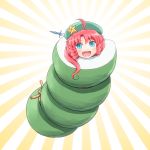  :d ahoge blue_eyes braid commentary_request eyebrows_visible_through_hair hat hong_meiling knife knifed looking_at_viewer open_mouth red_hair rope shirosato smile solo touhou wrapped_up 