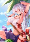  adapted_costume armband armpits arms_up bikini blush breasts choker cloud covered_nipples cup day drinking_straw fate/grand_order fate_(series) food fruit highres juice large_breasts long_hair looking_at_viewer mouth_hold mug navel obiwan palm_leaf red_eyes sideboob silver_hair sky solo swimsuit sword tomoe_gozen_(fate/grand_order) tying_hair watermelon weapon wooden_sword 