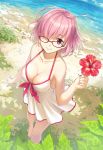  bangs bare_arms bare_shoulders beach blue_sky blush breasts cleavage closed_mouth cloud cloudy_sky collarbone commentary_request day dress dress_swimsuit dutch_angle eyebrows_visible_through_hair fate/grand_order fate_(series) flower from_above glasses hair_over_one_eye holding holding_flower horizon kamome_yuu large_breasts looking_at_viewer looking_up mash_kyrielight ocean outdoors pink_hair purple_eyes red-framed_eyewear red_flower sand seashell shell sky smile solo standing starfish swimsuit_of_perpetual_summer water white_dress 