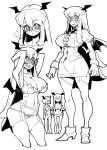  alternate_hairstyle arms_behind_head bangs bat_wings blush bob_cut bra breasts collarbone collared_shirt contrapposto demon_girl demon_wings eyebrows_visible_through_hair garter_straps glasses head_wings height_difference highres hip_bones koakuma large_breasts long_hair looking_at_viewer maru-sun monochrome navel nervous panties sharp_teeth shirt short_hair sidelocks skirt skirt_set smile sweat teeth thighhighs touhou underwear visible_air wings |_| 