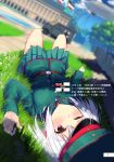  adapted_uniform aircraft armored_vehicle belt blimp blurry building commentary day depth_of_field dirigible doujinshi dutch_angle flag grass ground_vehicle hat highres imperial_german_flag karo-chan lying military military_uniform on_back one_eye_closed original outdoors page_number path perspective pleated_skirt purple_eyes road shade short_hair silver_hair skirt sky soldier tree uniform world_war_i 
